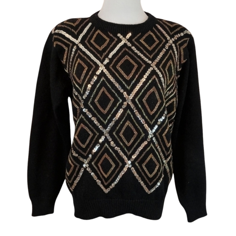 Vintage 80s Alfred Dunner Women's Black Sequins Sweater size Small Glam Art Deco